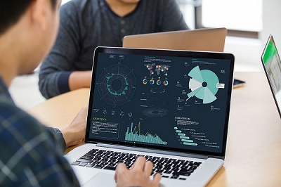 Mensch arbeitet an einem Laptop, auf dem verschiedene Diagramme und Grafiken dargestellt sind.