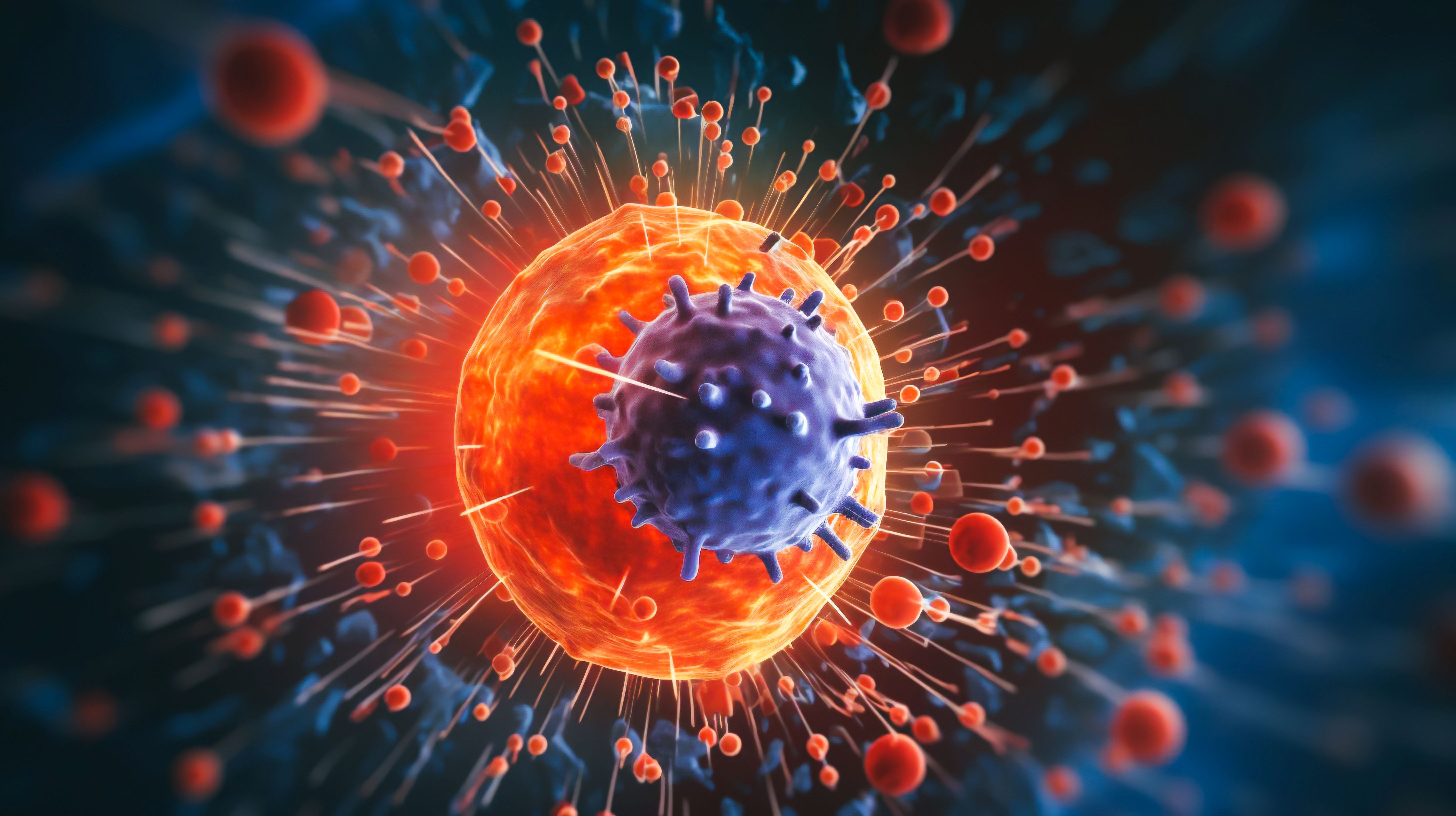 a pancreatic cancer cell, clusters of metabolic pathways and enzymes Generative AI Illustration: blaues Virus vor oranger Zelle.