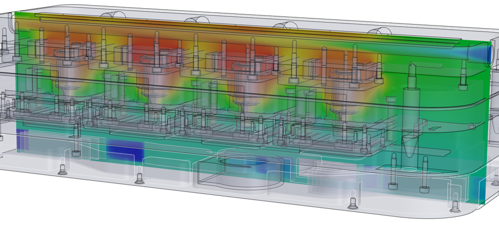 Eine Momentaufnahme der Simulation zeigt die Temperaturverteilung im NanoCube mit den Multiorgan-Chips im Inneren. Die Analyse der Temperaturverteilung hilft, den Aufbau des NanoCube zu optimieren.