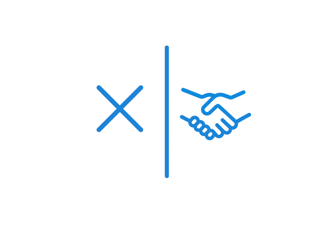 Blaues Symbol mit einem senkrechten Strich in der Mitte. Links befindet sich ein „X“, rechts ein Handschlag.