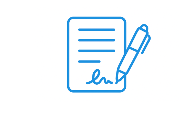 Blaues Symbol mit einem Dokument, das Textlinien und eine Unterschrift zeigt. Daneben ist ein Stift abgebildet, der die Unterschrift schreibt.