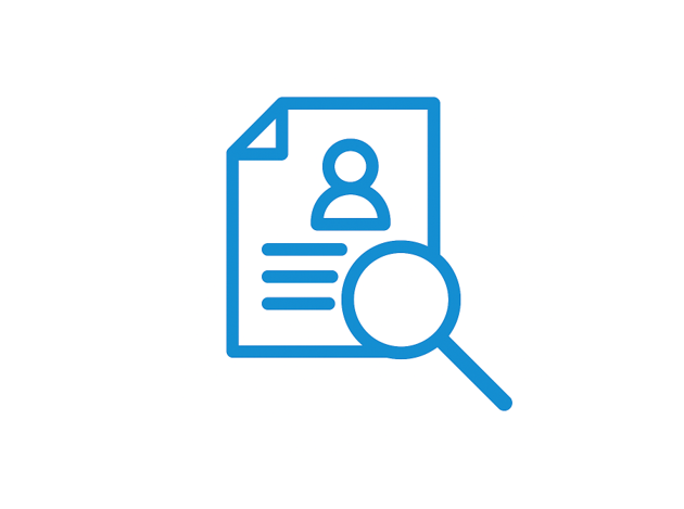 Blaues Symbol mit einem Dokument, auf dem ein Nutzer-Icon und Textlinien zu sehen sind. Davor ist eine Lupe abgebildet.