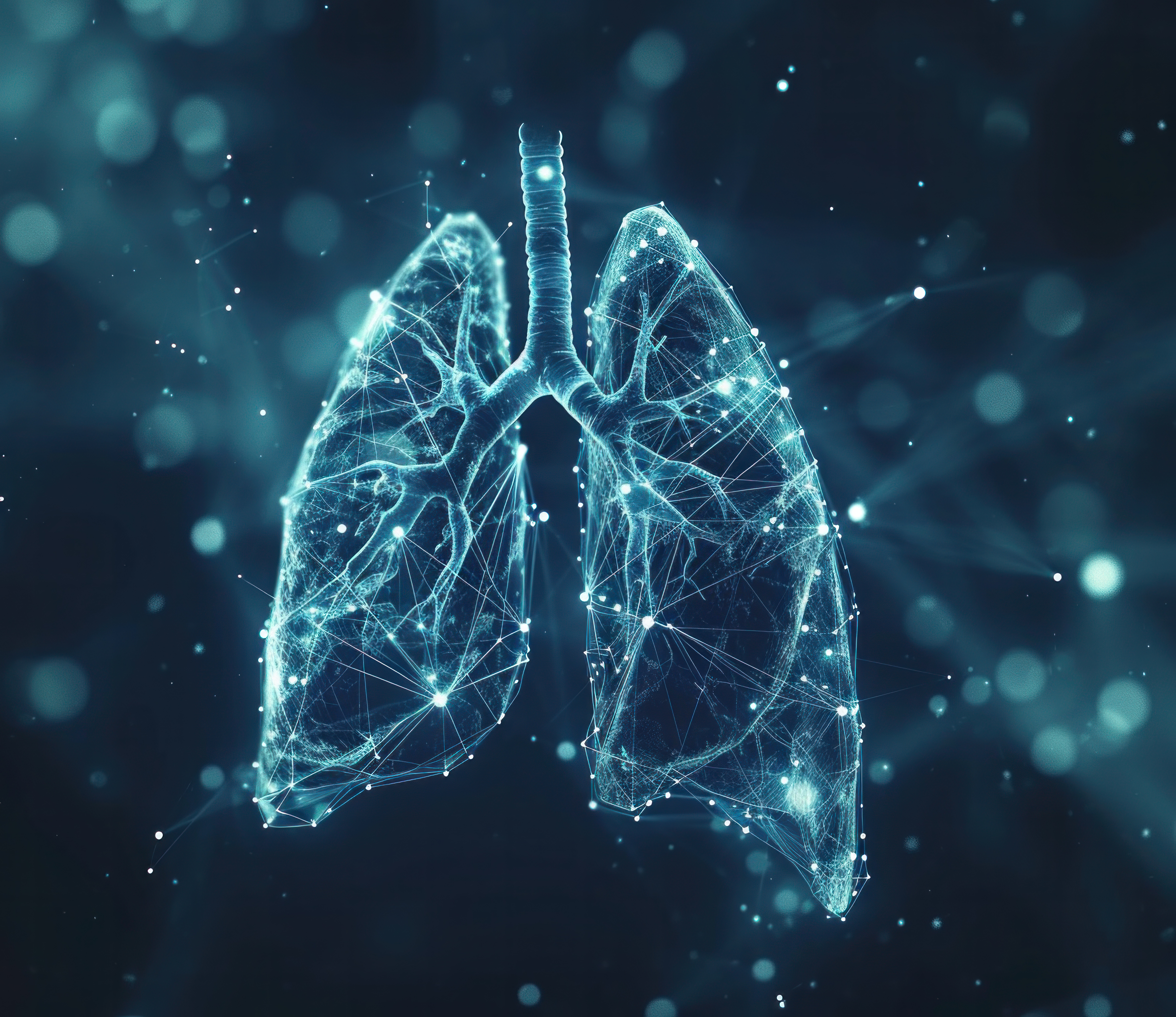 Digital illustration of a human lung with blue glowing dots.