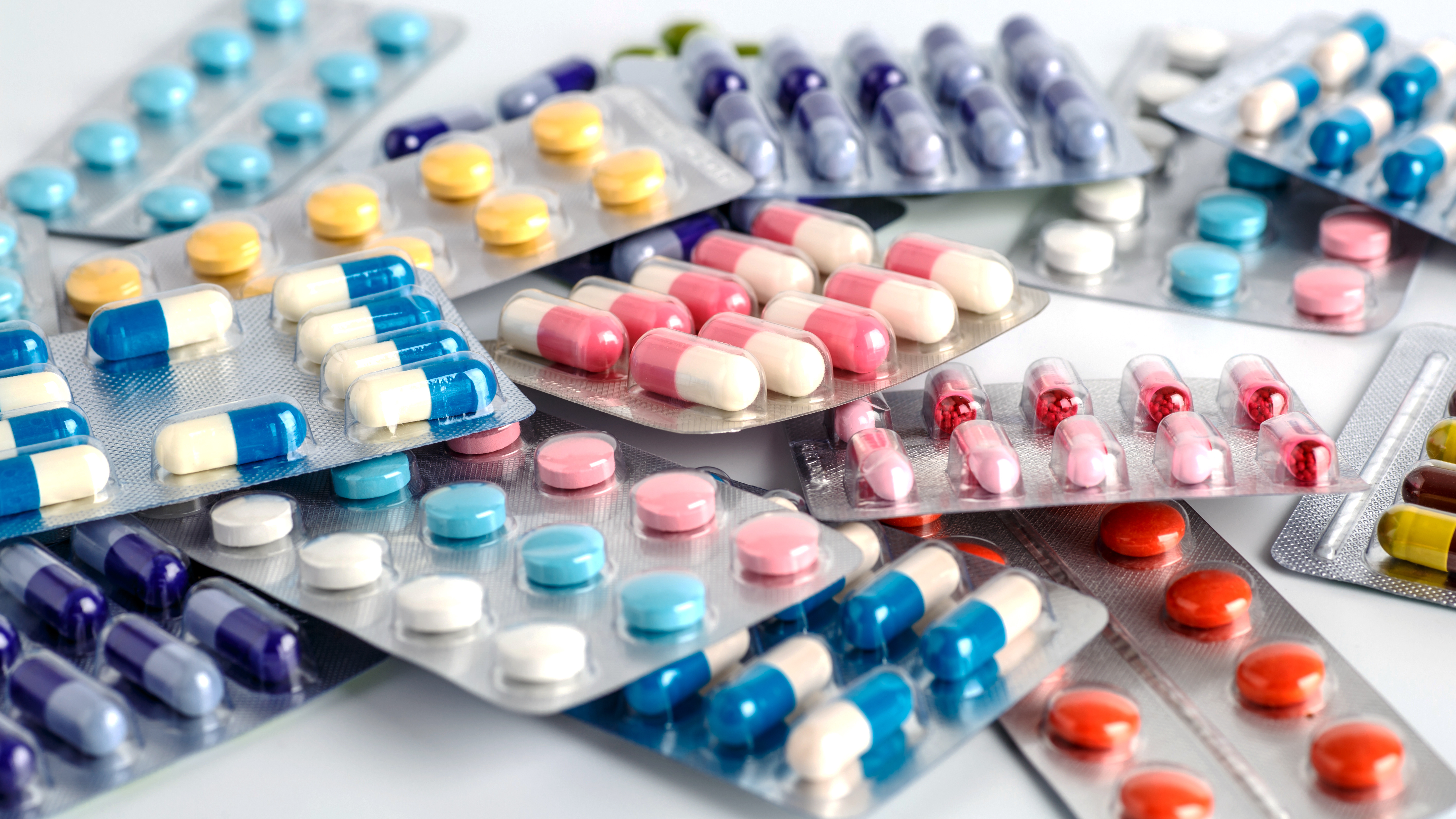 Drug prescription for treatment medication Various tablet blister packs.
