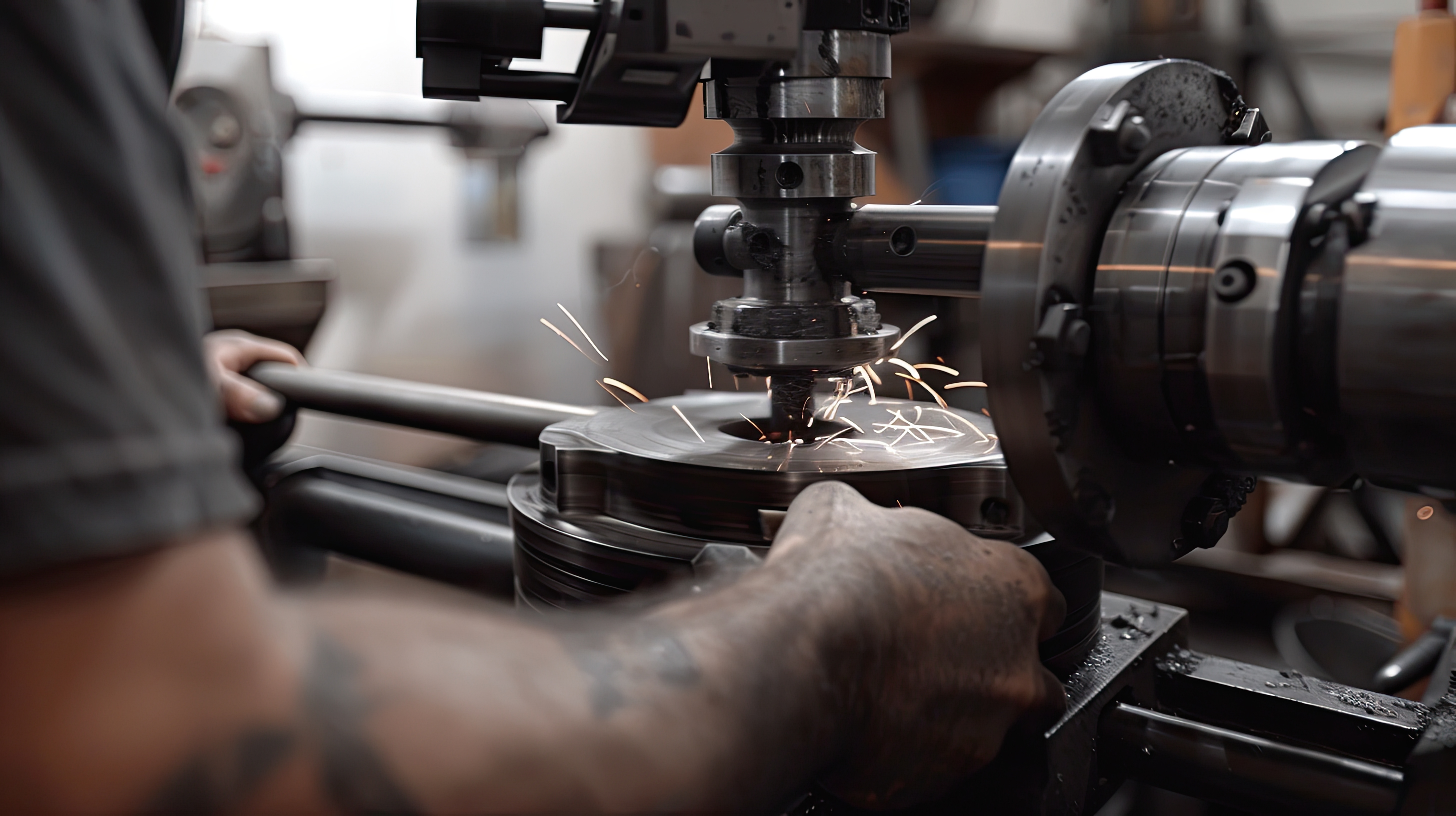 The hands of a milling machine operator working in the factory shop. Universal turner at work. Specialist at the plant. Illustration for cover, postcard, interior design, brochure or presentation. Die Hände eines Fräsmaschinenbedieners bei der Arbeit in der Werkhalle.